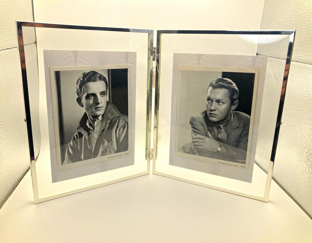 Silver Metal & Clear Glass Hinged Double Frame 4x6 Freestanding w/ 2 Prints